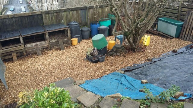 The bottom area of the allotment, freshly covered in woodchip. A pallet composter sits along a fence with storage bins to the right. A bare hazel tree sits on the right of the picture with plastic sheeting up the hill in the foreground.