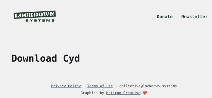 Screenshot of Cyd's download page, showing only the Lockdown Systems logo, 'Download Cyd', a footer and top menu - no download buttons or links are visible