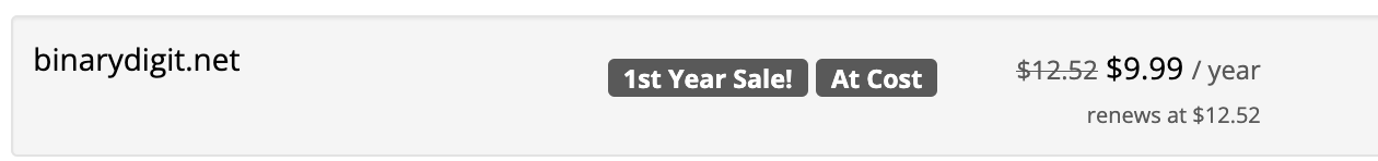 a screenshot of a domain binarydigit.net with the cost of 9.99 per year