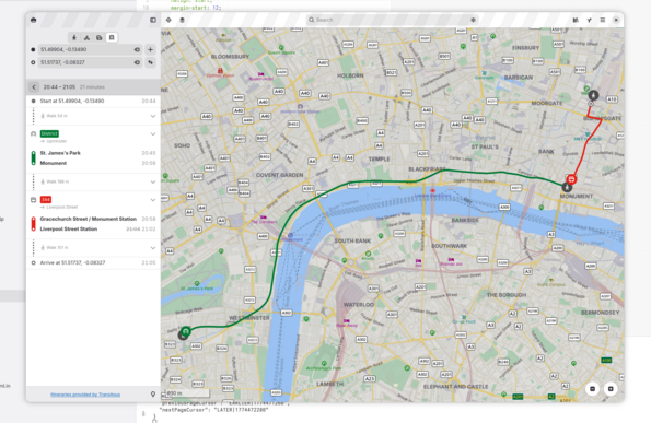 GNOME Maps showing public transit itineray in London with indicated delays