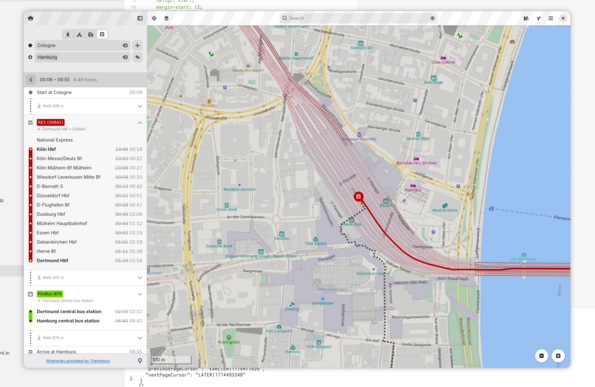 GNOME Maps showing intermediate stops for a German regional train with indicated delays