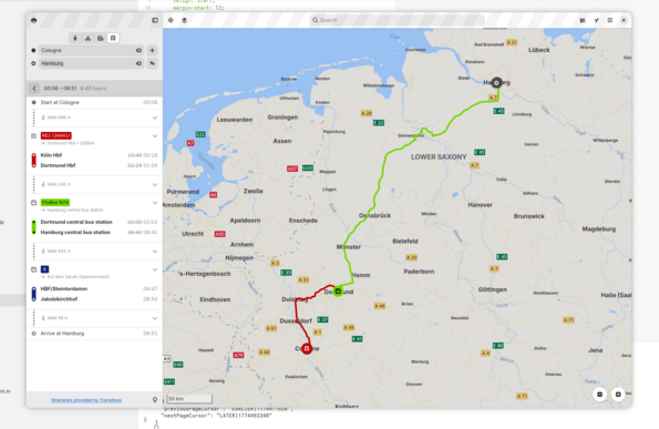 GNOME Maps showing public transit itineray in between Köln and Hamburg with indicated delays
