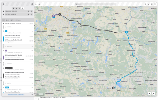 Screenshot of GNOME Maps with experimental support for showing public transit departure and arrival tracks