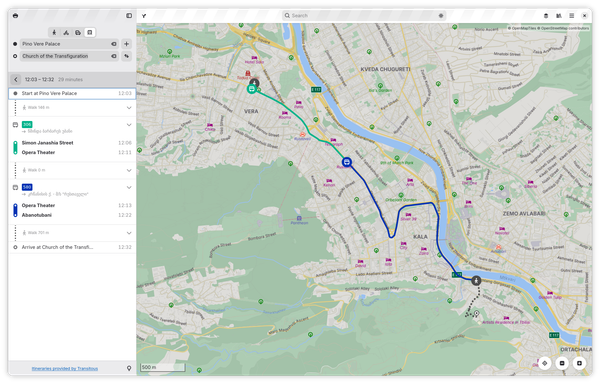 Screenshot of GNOME Maps showing a public transit journey in Tblisi, Georgia