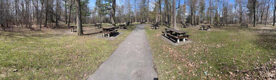 Panorama photo of Vincent Massey Park showing parkland with a paved path heading into the distance with many trees and picnic tables scattered about.