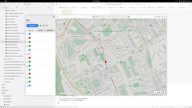 Screenshot of work-in-progress implementation of GNOME Maps showing public transit departures. ULB tram stop in Brussels.