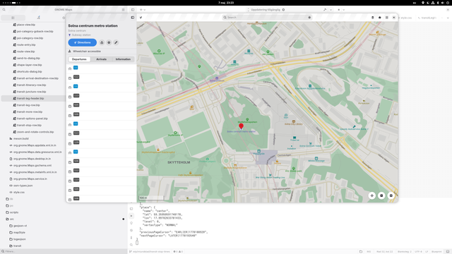 Screenshot of work-in-progress implementation of GNOME Maps showing public transit departures. Solna centrum metro station.