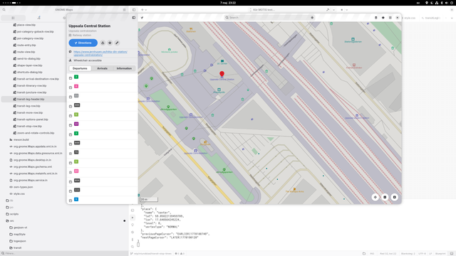 Screenshot of work-in-progress implementation of GNOME Maps showing public transit departures. Uppsala central railway station.