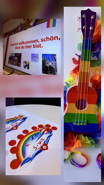 Eine Collage von Bildern mit Objekten in Regenbogenfarben, zum Beispiel einer Ukulele.
