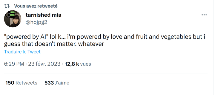 a tweet from 2023 that says "powered by AI" lol k... i'm powered by love and fruit and vegetables but i guess that doesn't atter. whatever