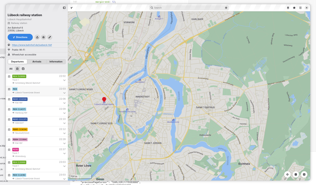 Screenshot of GNOME Maps showing train departures from Lübeck Hbf