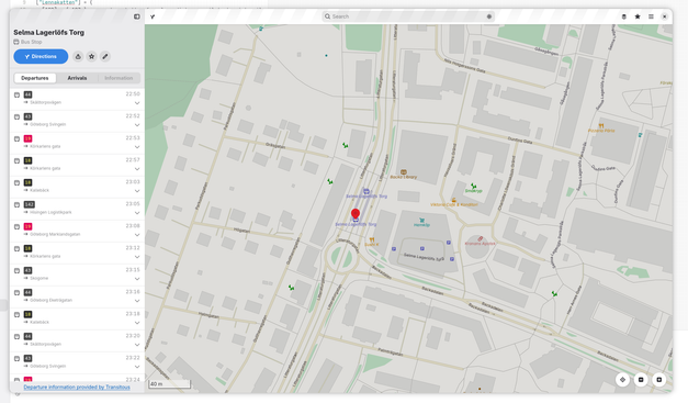 GNOME Maps showing bus departures from a bus stop in Gothenburg, with some trunk lines with line color.