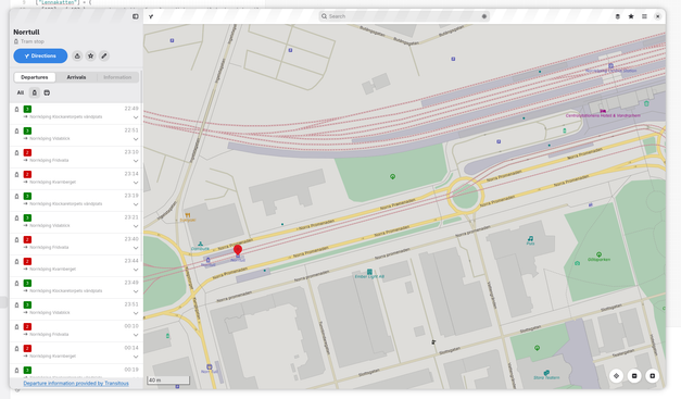 GNOME Maps showing tram departures from Norrtull in Norrköping.