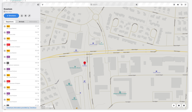GNOME Maps showing bus departures in Kiruna.