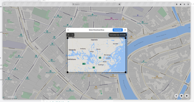 GNOME Maps showing interface for downloading an area for offline use