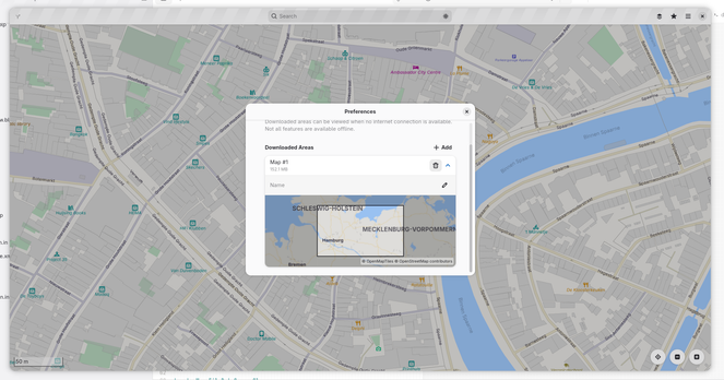 GNOME Maps showing list of downloaded map areas, with expanded view of one selected area, showing a minimap of that area.