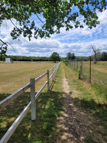 A path runs through a cricket club to the left and a horse paddock to the right. There's a white fence running off into the distance. It's a sunny day.