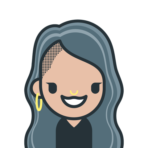 A graphic with a woman who has a side shave, long gray hair, gold earring, gold septum piercing, and grin.