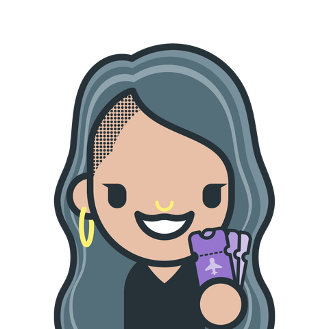 A graphic with a woman who has a side shave, long gray hair, gold earring, gold septum piercing, and grin, holding a purple airplane ticket.