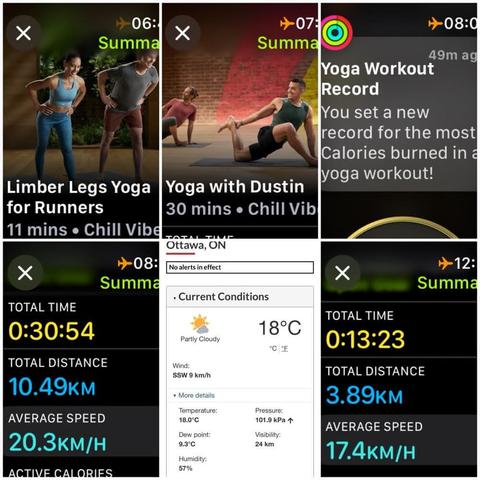 Grid of iOS screenshots:
1) Apple Fitness Stable Ankles Yoga for Runners, 11 mins.
2) Apple Fitness Yoga with Dustin, 30 mins.
3) Apple Fitness workout record: "Yoga Workout Record: You set a new record for the most Calories burned in a yoga workout!"
4) Apple Fitness Cycling Details:
Total Time: 0:30:54.
Total Distance: 10.49 KM.
Average Speed: 20.3 KM/H.
5) Environment Canada site showing 18°C, 57% humidity, and 9 KM/H wind.
6) Apple Fitness Cycling Details:
Total Time: 0:13:23.
Total Distance: 3.89 KM.
Average Speed: 17.4 KM/H.