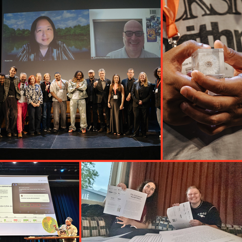 A layout of four images. A group photo of awarded winners stood on stage. A close up of the 'trophy', a glass cube with a dandelion frozen within, in a winners hands. A black man, Rudy Fraser, delivering a keynote speech. Two white women holding up paper reading 'The European Social Stack'.