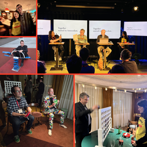A layout of five images. A woman in a yellow t-shirt, Elena Rossini, and a man with glasses, Tommi, smiling into the camera. A man in a black suit sitting on a children's play park toy and pulling a funny face. A panel of four people, three men and a woman, presenting a paper (The European Social Stack). Two men concentrate hard as they play a video game with coloured steering wheels. A man and a woman focus on an intense game of Connect4.