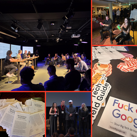 A layout of five images. A panel of four people presenting to a room. A man and a woman playing a video game with coloured steering wheels. A pile of papers with the words 'The European Social Stack' bold across the front. Four members of the Newsmast Foundation team standing on stage. A collection of stickers, with a prominent focus on one reading 'Fuck Google'.