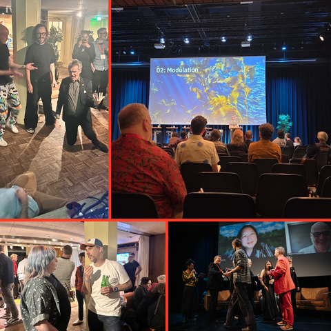 A layout of four images. A man in a suit and a man in a t-shirt surrounded by a crowd, playing air-guitar on their knees. A presentation from a woman with pink hair, Erin Kissane. Two people speaking in a crowded room. A group of people shaking hands on stage.