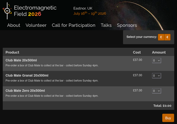 Electromagnetic field 2026, form to pre-order your box of Club Mate in advance